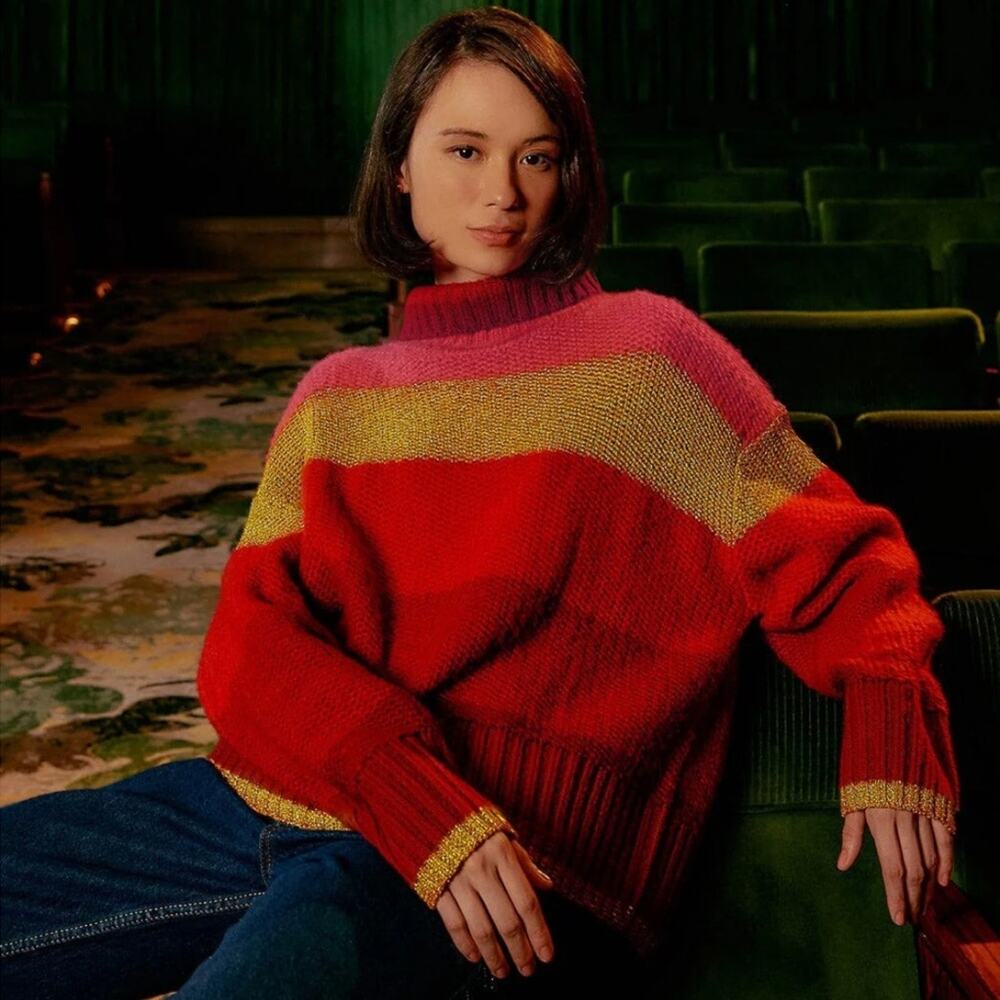 Farm Rio Shiny Stripes Knit Pink Red Sweater XS